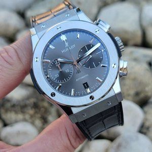MINT HUBLOT CLASSIC FUSION 45MM CHRONO RHODIUM RACING GREY TITANIUM FULL SET